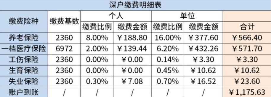 深圳户口社保每月缴费明细